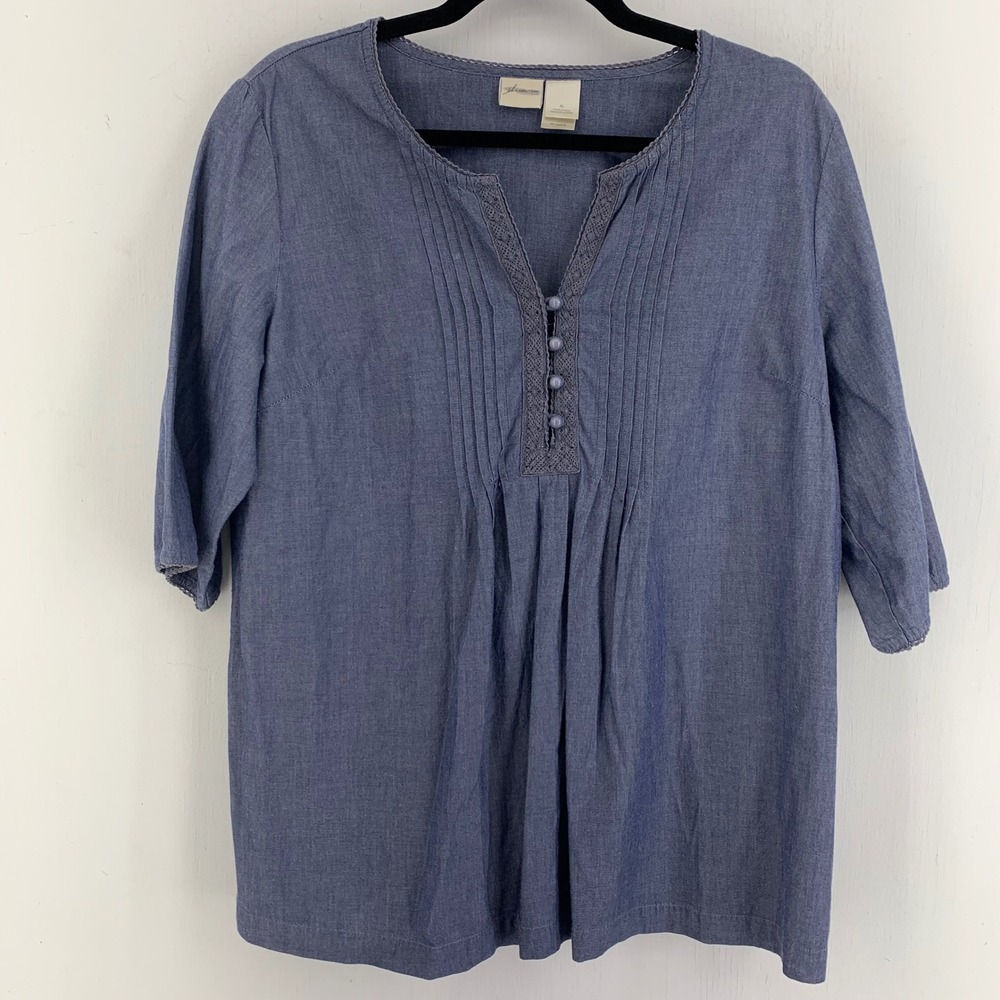 Lagenlook Minimalist Women XL Cotton Pintuck Henley Top 3/4 Sleeve Boho Natural